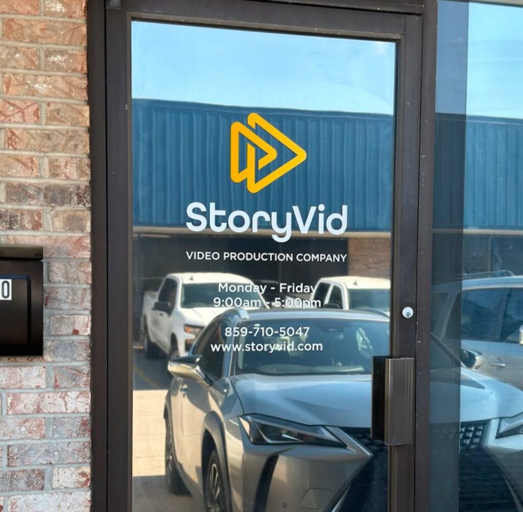 Printed vinyl window graphics installed on the front entrance for StoryVid in Lexington, Kentucky.