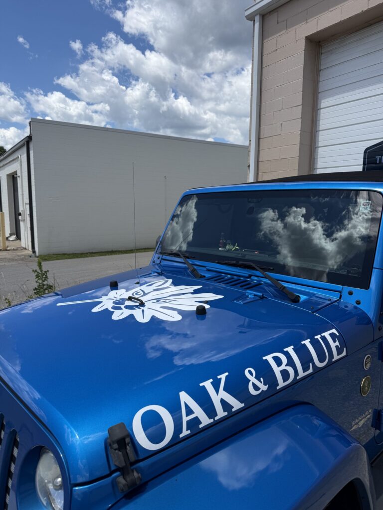 Close-up of custom hood graphics on wrapped Jeep in Lexington Kentucky.