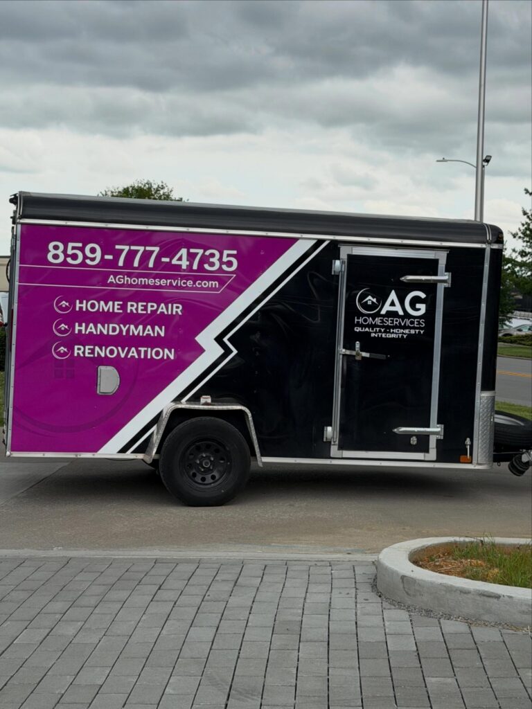 Side view of enclosed trailer graphics installed in Lexington Kentucky.