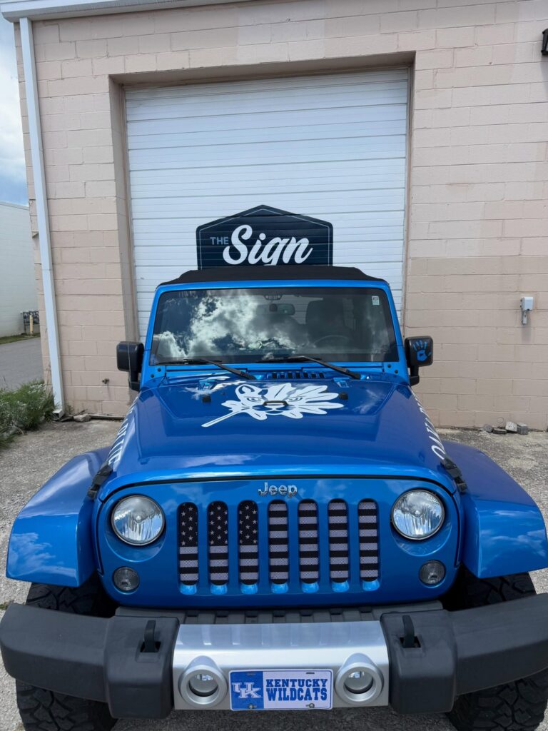 Front view of custom Jeep vehicle graphics installed in Lexington Kentucky.