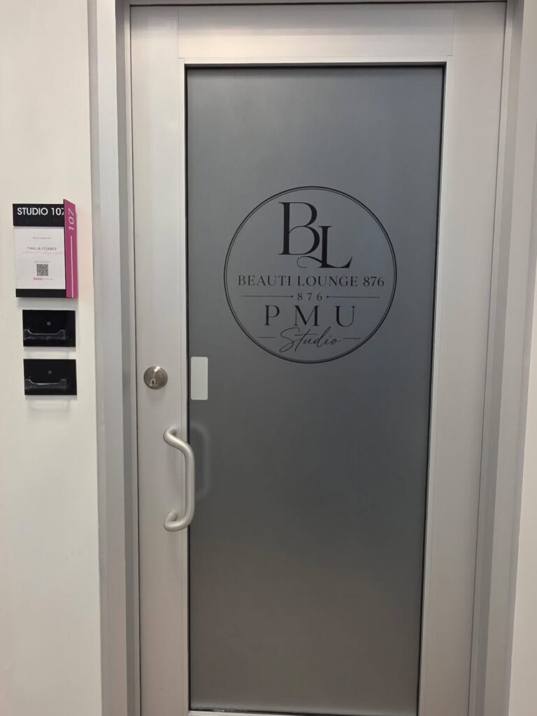 Frosted glass door vinyl with Beauty Lounge 876 logo in Lexington KY