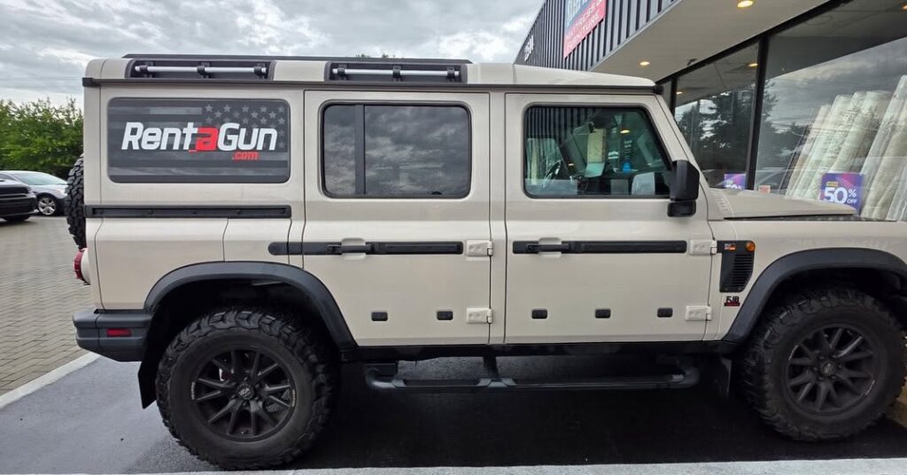 RentAGun custom logo graphic installed on side vehicle window