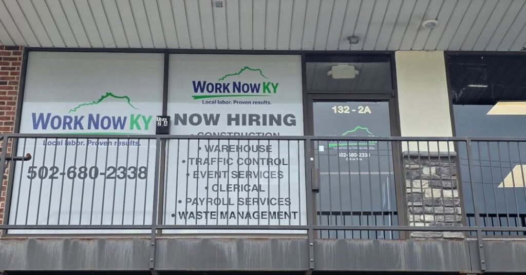 Branded retail window graphics for National Workwear in Lexington KY